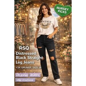 RSQ Black High Rise Straight Leg Jeans Distressed Grunge Y2K Size 29